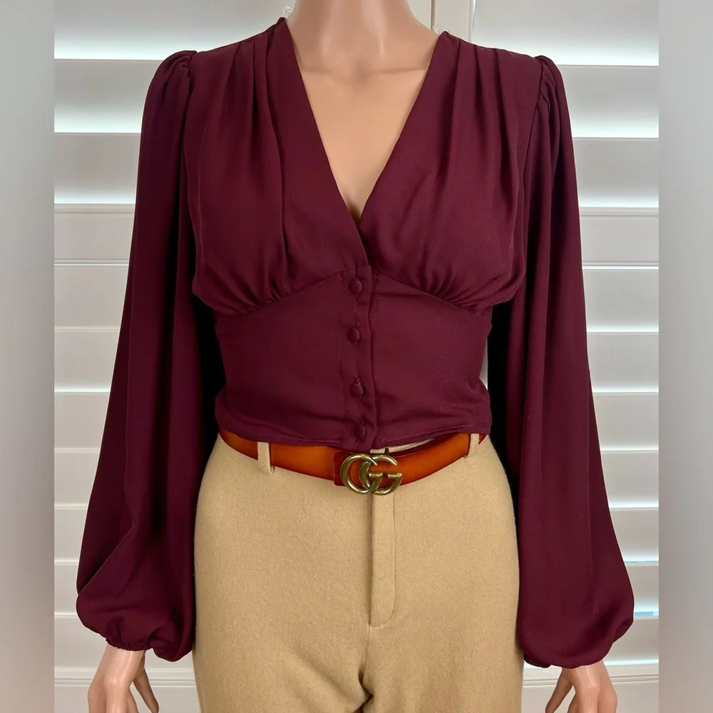 NWT~Burundy Balloon Sleeve Blouse Sz S, by Shinestar - Picture 1 of 9